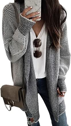 Sidefeel Womens 2024 Fall Winter Long Sleeve Open Front Cardigan Sweaters Oversized Checkered Chunky Knit Sweaters Coat