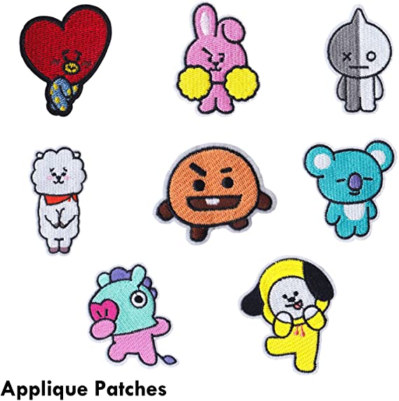 eKoi Kpop BTS Bangtan Boy Cartoon DIY Iron Sew On Fabric Applique Embroidery Patches for Clothes Shirt Jacket Jean Backpack Shoe Hat Decor (8 PC Pack)