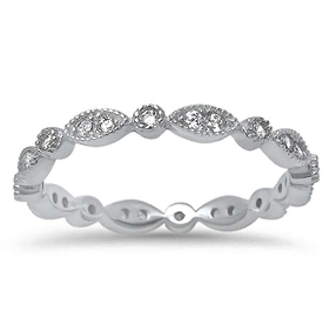 Marquis and Round Cubic Zirconia Eternity Band 925 Sterling Silver Ring Size 3-12