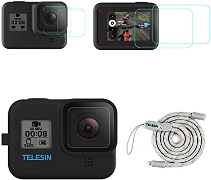 TELESIN Silicone Protective Case with 2-Pack Tempered Glass Lens Screen Protector for GoPro Hero 8 Black, Soft Rubber Frame Housing Sleeve Cover with Stretchable Lanyard   Lens Protection Kit (Black)