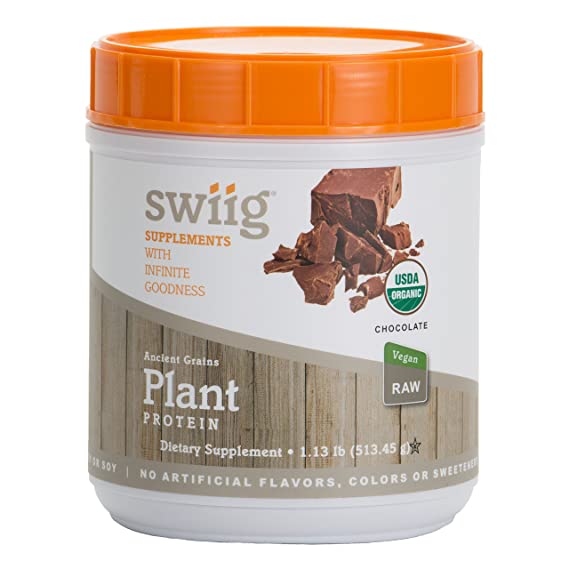 swiig Organic Ancient Grains Plant Protein Powder, Chocolate, Non-GMO Low Net Carbs, Non Dairy, Lactose Free, No Soy, No Sugar Added, Vegan Friendly, 20g of Protein per Serving, 1.13lb