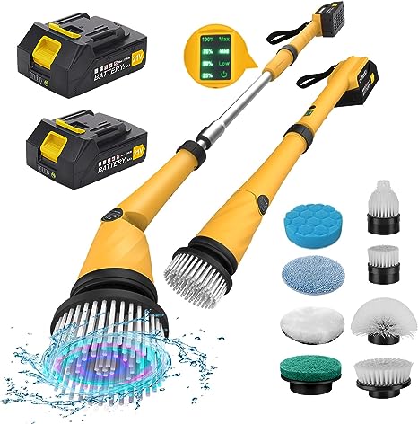 Qimedo Two Battery Electric Spin Scrubber, 1200 RPM Cordless Cleaning Brush with Smart Display, Electric Tile Floor Scrubber with 8 Brushes, Waterproof Battery Powered Shower Scrubber