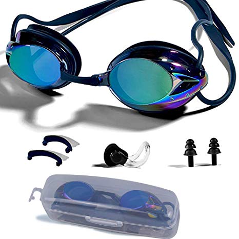 NewXLT Swimming Goggles，Adjustable Goggles Anti Fog UV Protection with Free Case Ear Plug Nose Clip for Adult Youth Kids(8 Ages )