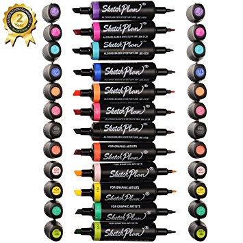 Magicdo® 12 Cols Fatter Design Art Markers Dual Tip Sketch Marker Pen , Broad Line & Fine Tip Markers, Blending, Shading, Calligraphy, Drawing, Sign, Design marker For Coloring, Non-toxic