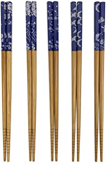 JapanBargain, Bamboo Chopsticks Reusable Japanese Chinese Korean Wood Chop Sticks Hair Sticks 5 Pair Gift Set Dishwasher Safe, 9 inch (2, Blue Print)