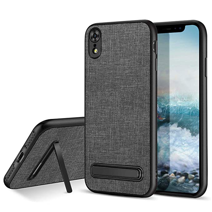 BENTOBEN Fabric Phone Case for iPhone XR 2018,Slim Anti-Scratch Impact Resistant Drop Absorption Shockproof Protective Phone Case Cover with Magnetic Kickstand for Apple iPhone XR 6.1 inch, Black/Gray