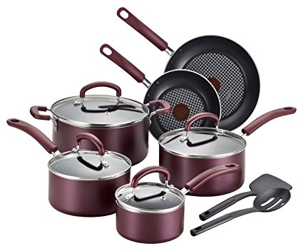 T-fal B130SC Color Luxe Hard Titanium Nonstick Thermo-Spot Dishwasher Safe PFOA Free Cookware Set, 12-Piece, Red