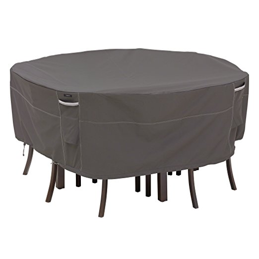Classic Accessories Ravenna Round Patio Table and Chair Cover - Premium Outdoor Furniture Cover with Durable and Water Resistant Fabric, Large, Taupe (55-158-045101-EC)