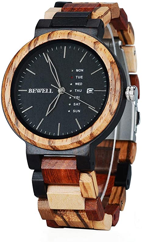 Men Colorful Wood Watches Multifunction Week & Date Quartz Mix Wooden Wrist Watch Lightweight