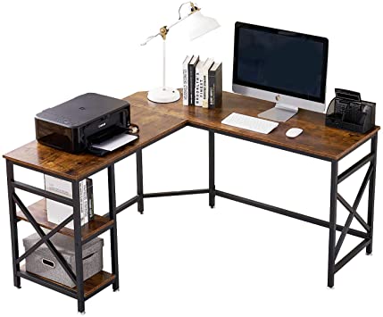 VECELO L-Shaped Computer Corner Desk,Study Writing Table Workstation with Shelves for Home Office, Space-Saving，Rustic Brown Black Leg