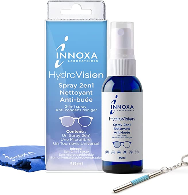 INNOXA - Spray 2en1 nettoyant   anti-buée lunettes 30 ml – Inclus chiffon de nettoyage   tournevis lunettes universel - Protection anti buée longue durée et Nettoyage des verres