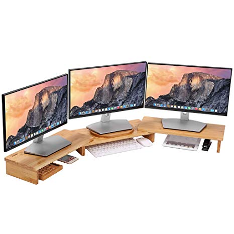 LANGRIA Bamboo Wood Monitor Stand Riser 3 Shelf for Dual Triple Screens Computer, Office Desktop, Ergonomic Design with Desktop Organizer and Storage Adjustable Length and Angle (50”x7.48"x3.35")