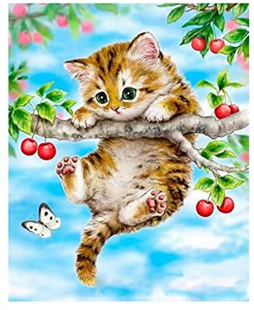 DIY 5D Diamond Painting by Numbers Kits for Kids Adults Beginner Full Drill Paint with Diamonds Home Wall Art Decor,Cherry Cat 12x16inches/30x40cm(Canvas Size)