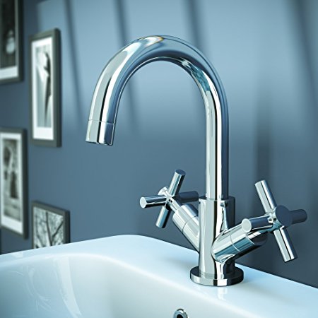 Bathroom Modern Chrome Mono Basin Mixer Tap Swivel Spout with Pop-up Waste and Crosshead Controls