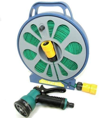 HIGH QUALITY 50FT FLAT GARDEN HOSE PIPE & REEL WITH SPRAY NOZZLE GUN OUTDOOR WATERING 15M