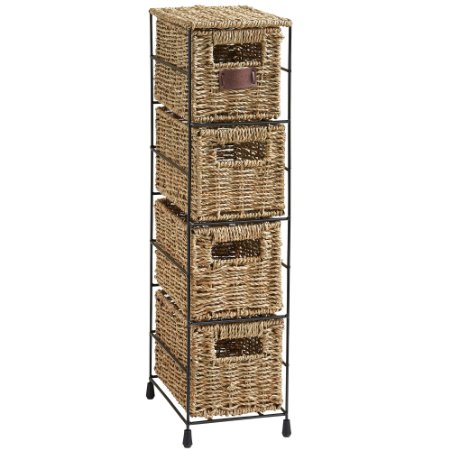 VonHaus 4 Tier Seagrass Basket Storage Tower Unit with Metal Frame - Bathroom & Home Storage (25.4 x 9.5 x 6.7 inches)