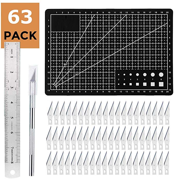 Exacto Knife Carving Craft Exacto Knife Kit 60PCS Carving Blades with 1PC Craft Knifes,1PC Self Healing Cutting Mat,1PC Steel Ruler(8inch/20cm),for Arts,DIY,Scrapbooking,Hobby