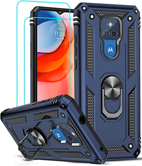 LeYi for Motorola Moto G Play 2021 Case with 2 Pack Tempered Glass Screen Protector, Ring Kickstand for Men Military Bumper Hard TPU Shockproof Full Body Silicone Protective Cover for Moto G Play 2021 Blue