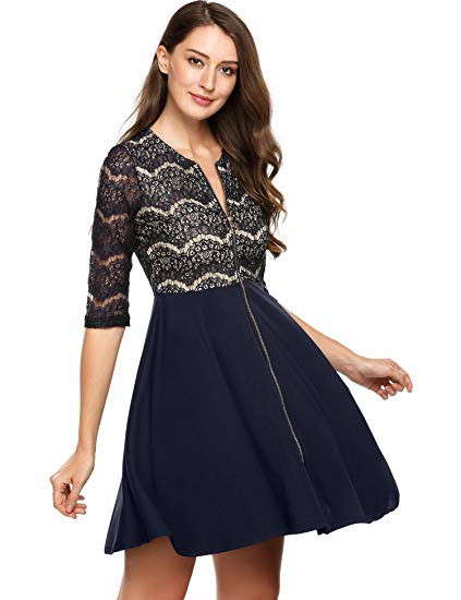 Beyove Women's A Line Lace Dress Zipper Front Patchwork Flare Cocktail Party Dress