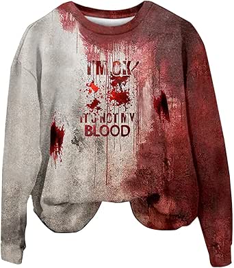 Halloween Sweatshirts for Women Bloody Letter Graphic Printed Funny Halloween Clothes Crewneck Pullover Sweatshirt