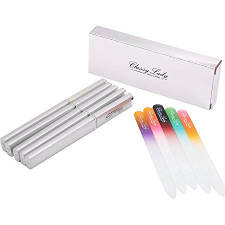 ClassyLady Professional Glass Nails File - Crystal Finger Nail Files For Natural and Acrylic Nails, Double Sided Glass Nail File instead of Emery Boards and Buffers (Colour 5pk with Case)