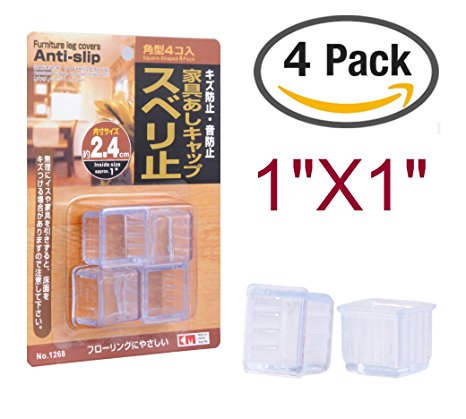 16 PCs Japan Quality Rectangular Square Floor Protector Furniture Feet Stretchable Furniture Anti-Slip Cover Flexible (1" By 1" Square, Clear /Transparent)