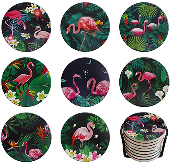 Lumisky Flamingo Drinks Coaster Set with Holder, 4 Inch Absorbent Coffee Cup Pads, Round Ceramic Coasters for Bedroom, Home, Office, Bar, Dining Room, Living Room