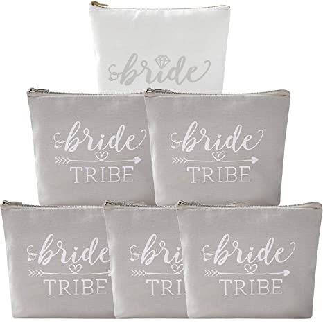 6 Pack Bride Cotton Zipper Makeup Bag,1 Bride 5 Bride Tribe Bag,5.9"x7.8"with Bottom 1.9"，Multi-Purpose Bridesmaid Proposal Gifts,for Wedding Bridal Shower Bachelorette Party
