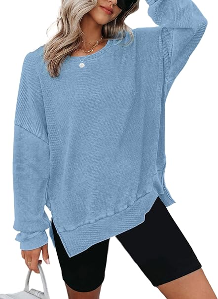 Dokotoo Womens Oversized Waffle Knit Crewneck Sweatshirts Long Sleeve Side Slits Casual Pullover Sweatshirt Tops