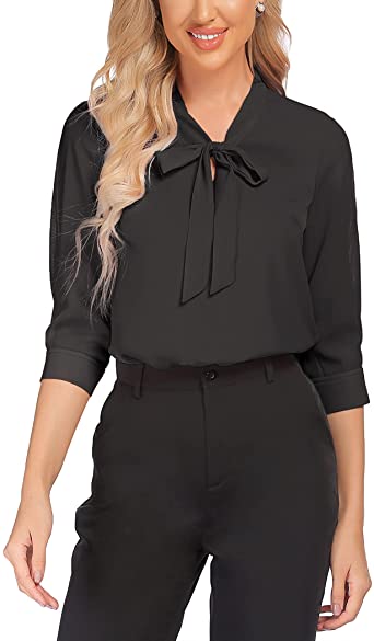 ACEVOG Womens Bow Tie Neck Long/Short Sleeve Casual Office Work Chiffon Blouse Shirts Tops