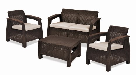 Keter Corfu 4 Piece Set All Weather Outdoor Patio Garden Furniture w/ Cushions, Brown