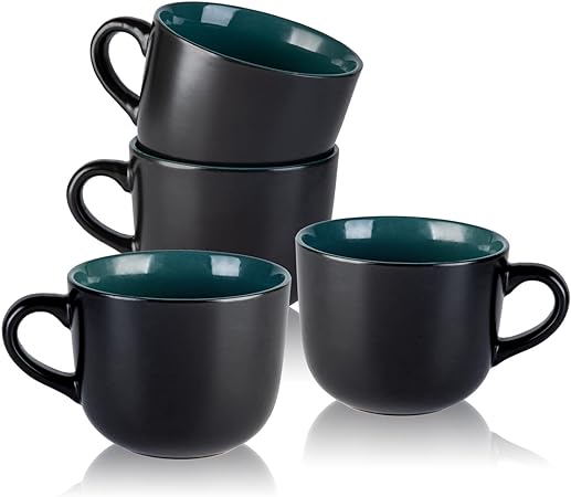 AmorArc 24 oz Soup Mugs with Handles, Jumbo Ceramic Bowls Mugs Set with handles for Coffee Cereal Cappuccino Snacks, Microwave&Dishwasher safe Soup Cups for Meal-Green