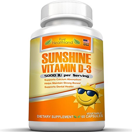 High Potency Sunshine Vitamin D3 5000 iu Per Veggie Capsule. Best Natural D3 Cholecalciferol Supplement Pills Support Calcium Absorption Helps Maintain Strong Bones Dental Immune System Muscles