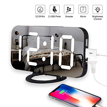 LED Digital Alarm Clock, Mirror Alarm Clock with Large 6.5 Inches Easy-Read Display, Snooze Function, Set Memory Function, Dimming Mode, Dual USB Ports for Living Room, Bedroom, Office Decor, Travel