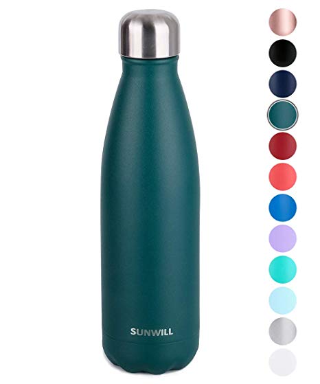 SUNWILL Insulated Stainless Steel Water Bottle Powder Coated Forest Green, Vacuum Double Wall Sports Water Bottle 17oz, Cola Shape Travel Thermal Flask