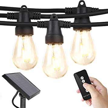 Brightech Ambience Pro - Remote Control, Solar Power Outdoor String Lights with Edison Bulbs Create Bistro Ambience in Your Yard - Commercial Grade, Shatterproof - 1W, 3000k, Non-Hanging, 27 FT