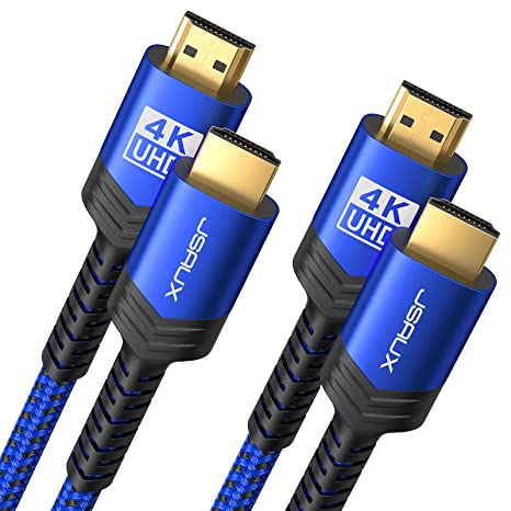 4K HDMI Cable 2 Pack 6ft, JSAUX 18Gbps High Speed HDMI 2.0 Braided HDMI Cord, 4K 60Hz HDR, HDCP 2.2, 1080p, 2160P, Ethernet, 3D, Audio Return(ARC) Compatible for Monitor UHD TV PC PS4 PS3 Blu-ray-Blue