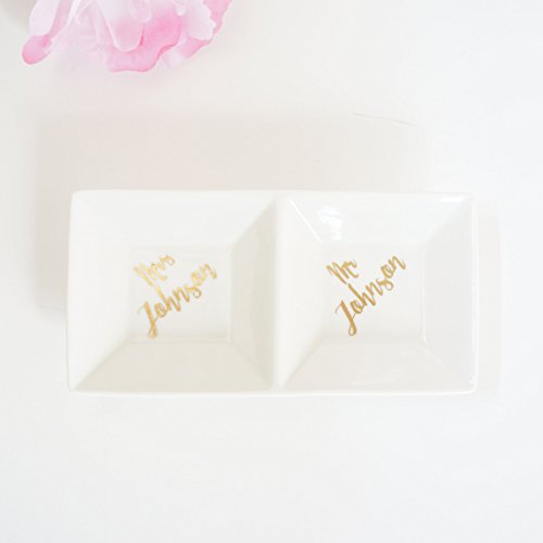 Custom Ceramic White and Gold Foil Mr and Mrs Jewelry Holder Dish, Couples Jewelry Ring Holders Box Tray, Unique Engagement Wedding Bridal Shower Bachelorette Gift Personalized Mr and Mrs Name Gift