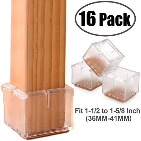 Chair Leg Floor Protectors Chair Leg Caps 1-1/2 to 1-5/8 Inch Square Furniture Leg Caps Table Chair Feet Protectors with Felt Pads, Color Clear (16 Pack) (Fit 36mm-41mm)