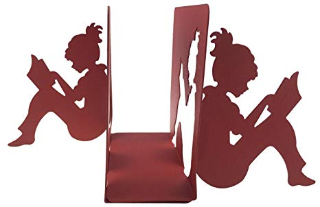 Winterworm 3D Paper-cut Little Girl Is Reading Patten Metal Bookends Book Ends For Kids Teenagers Teachers Students Adults Study Home School Library Office Decoration Birthday Christmas Gift (Red)