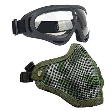 Airsoft Masks - Adjustable Half Metal Steel Mesh Face Mask And UV400 Goggles Set For Hunting, Paintball, Shooting