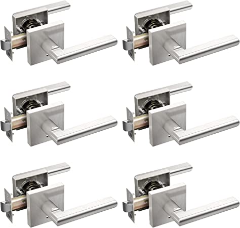 Ohuhu 6 Pack Door Handle, Satin Nickel Door Lever with Emergency Lock, Door Knobs Modern Contemporary Slim Square Design for Home Bedroom or Bathroom Privacy