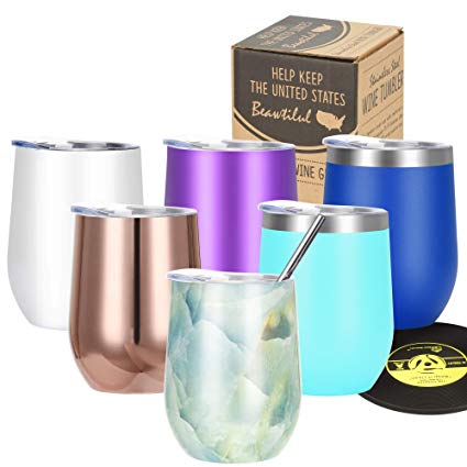 Wine Tumbler Vacuum Insulated Stemless - Markline 12 oz Triple Wall Insulated Stainless Steel Wine Glasses with Lid and Straw, Keep Cold or Hot for Wine, Coffee, Cocktails and Drinks, Opal Marble
