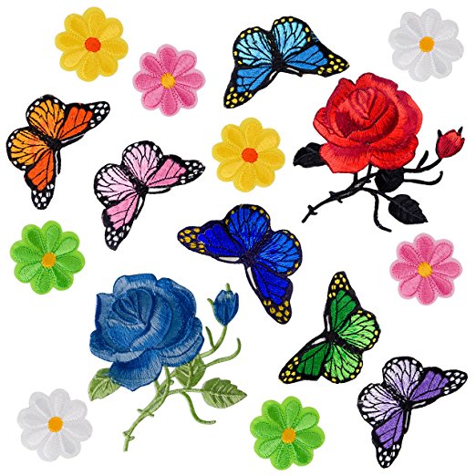 Coopay 16 Pieces Flowers Butterfly Iron on Patches Embroidery Applique Patches for Arts Crafts DIY Decor, Jeans, Jackets, Clothing, Bags