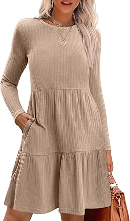 Zeagoo Womens Long Sleeve Fall Dresses with Pockets 2024 Ribbed Knit Casual Crew Neck Knee Length Sweater Dress