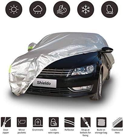 Shieldo Basic Car Cover with Build-in Storage Bag Door Zipper Windproof Straps and Buckles 100% Waterproof All Season Weatherproof Fit 191"-200" Length Sedan