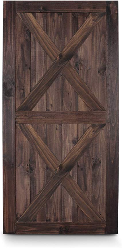 BELLEZE 42in x 84in Double X Sliding Barn Door Unfinished Solid Knotty Pine Wood Single Door DIY Easy Assemble, Espresso