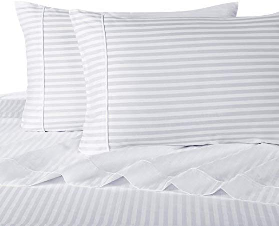 Royal Hotel Stripe White Split-King: Adjustable King Bed Size Sheets, 5PC Bed Sheet Set, 100% Cotton, 300 Thread Count, Sateen Striped, Deep Pocket