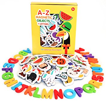 Magnetic Objects And Letters by Curious Columbus. Set of 52 Foam Picture Magnets, Plus 26 Uppercase Alphabet Magnets From A-Z. Best Educational Toy for Preschool Learning
