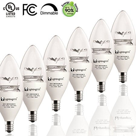 LightingWill Dimmable Candelabra LED Bulbs UL-Listed CRI80  Warm White 2700K 300LM 3.5W(40W Equivalent) B11 Decorative Candle Light Bulb E12 Base 240° Beam Angle 120V 60Hz Pack of 6 Units